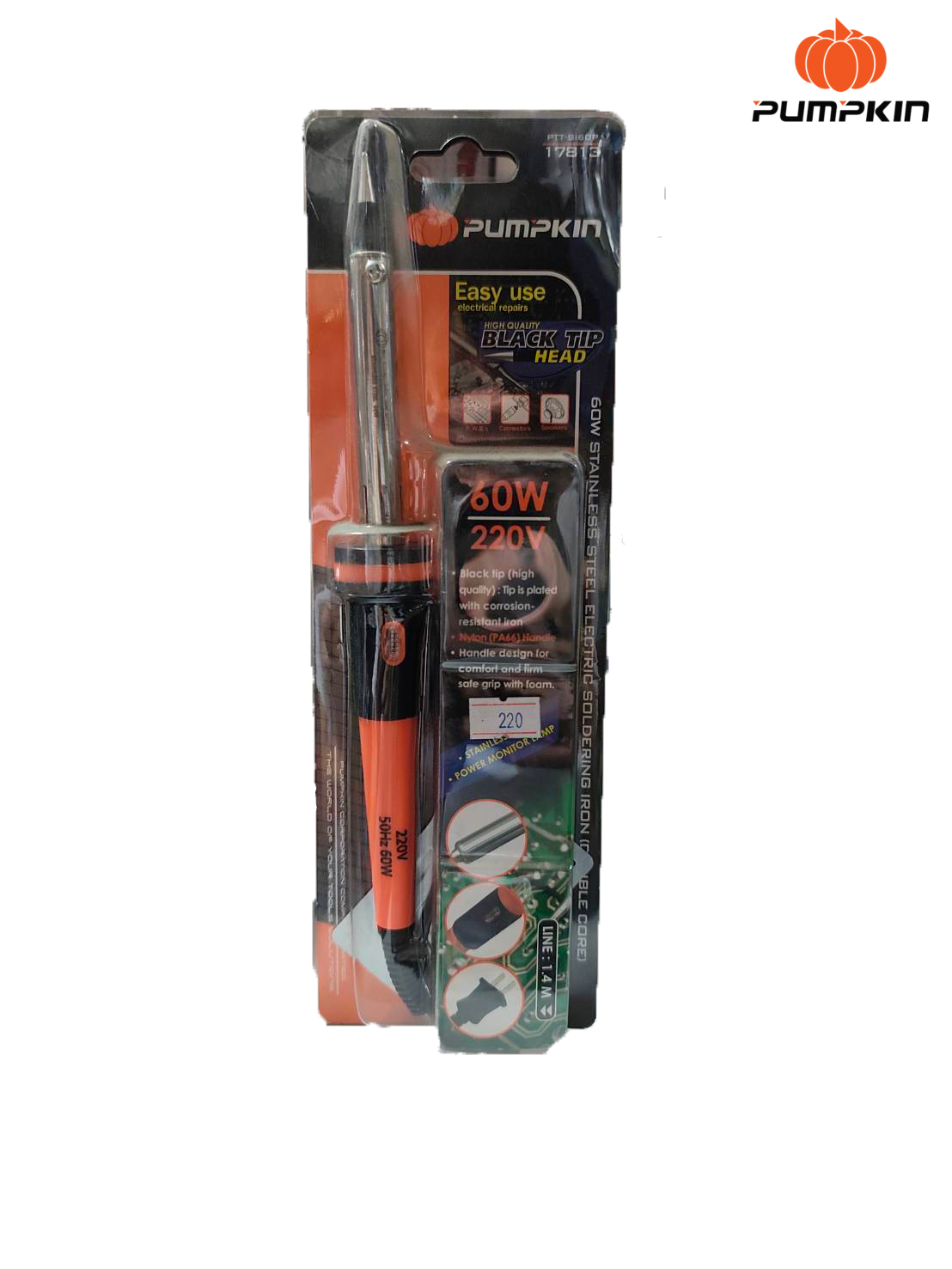 หัวแร้งแช่ด้ามปืน / หัวแร้งบัตรกรีไฟฟ้า PUMPKIN 60W รุ่น PTT-SI60P (17813) ปลายแหลมหัวดำ Stainless Steel